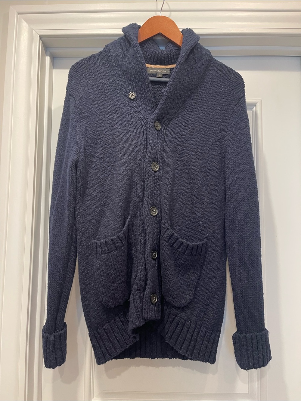 Banana Republic Mens Navy Hooded Shawl-Collar Button Cardigan